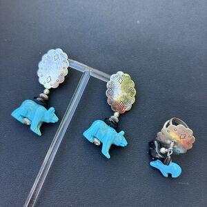 Carolyn Pollack Sterling Silver Fetish Turquoise Bear Onyx Earrings & Ring Set